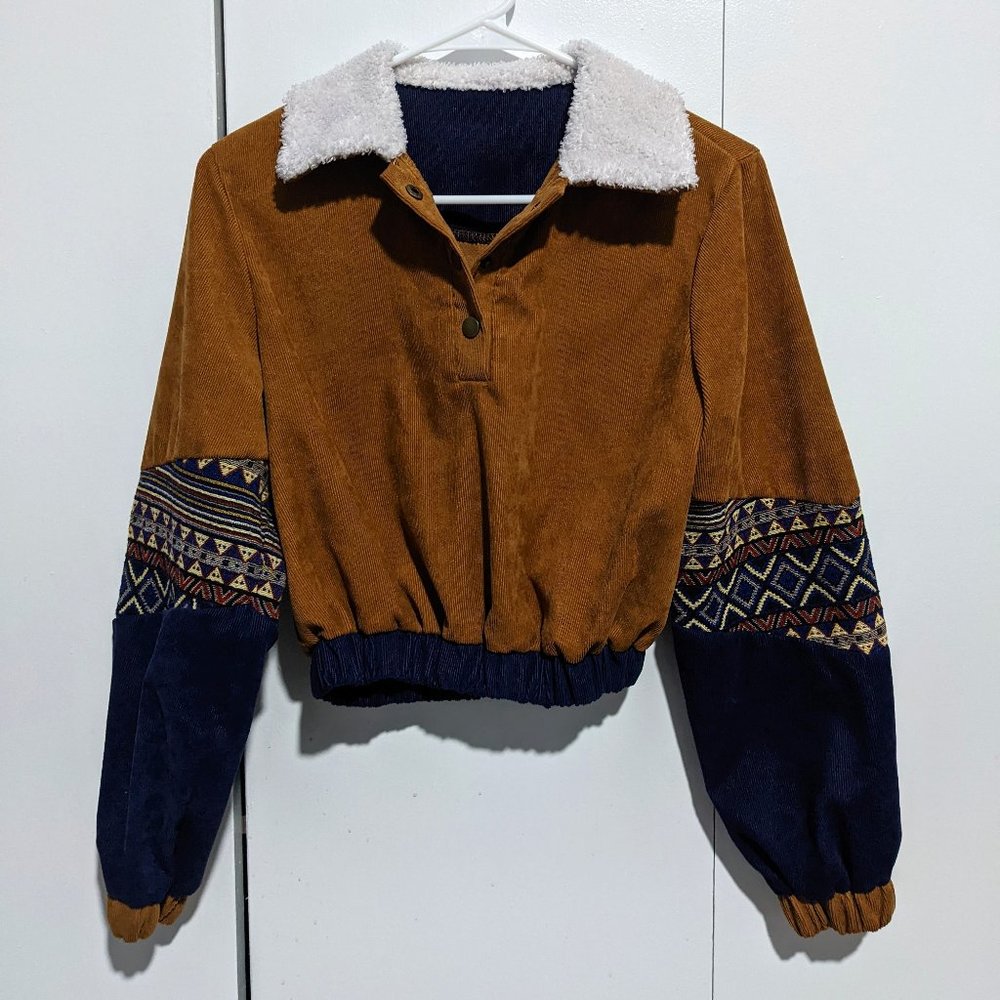 Shein Cropped Contrast Collar Geo Print Corduroy Sweatshirt
